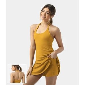 HALARA Womens Dress Small Yellow Everyday Cloudful Halter Buttery Soft Pockets